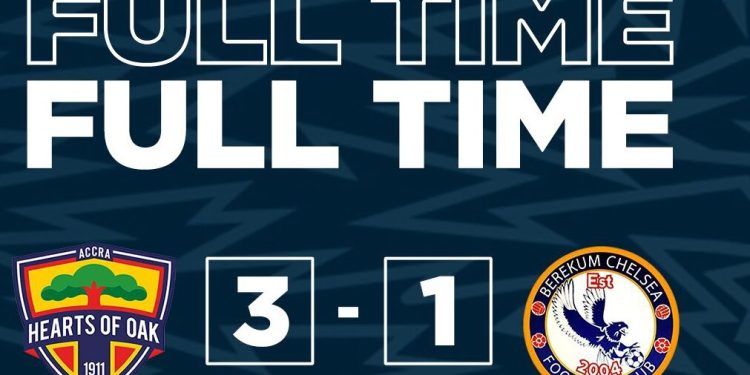 Full Time : Hearts of Oak 3 Berekum Chelsea 1 : Phobians score thrice in 11 minutes to shake up the Top 4