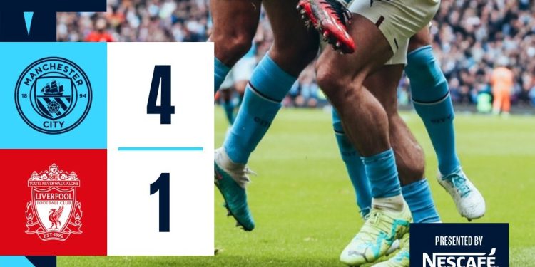 Manchester City 4 Liverpool 1 : Mohamed Salah on target for The Reds as Mahrez gets an assist for The Cityzens